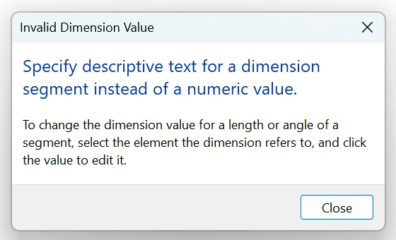 Revit 2026 Invalid Dimension Value dialog: Specify descriptive text for a dimension segment instead of a numeric value